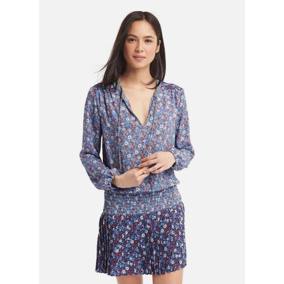 Gap Blue Floral Drop Waist Dress S Smock Tie Pleated Western Office Boho Chic - Picture 11 of 11